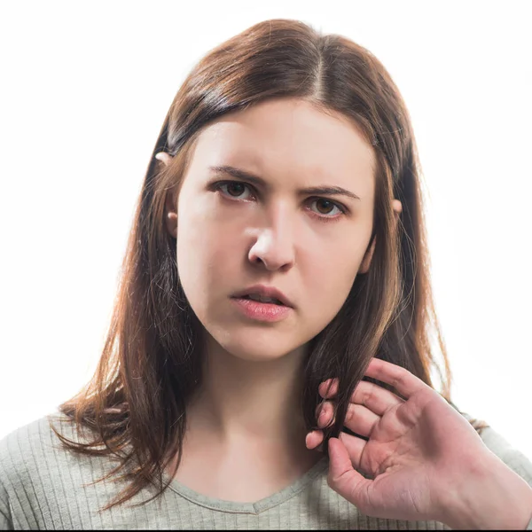 Young Angry Brunet Woman Portrait Isolated White Background — Stock Photo, Image