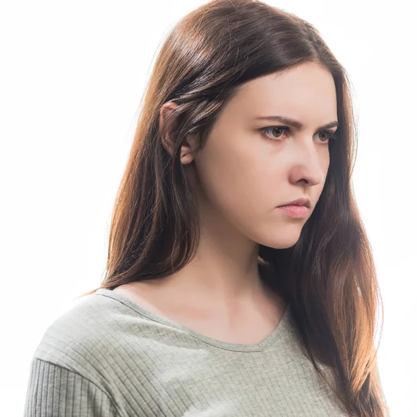 Young Angry Brunet Woman Portrait Isolated White Background — Stockfoto