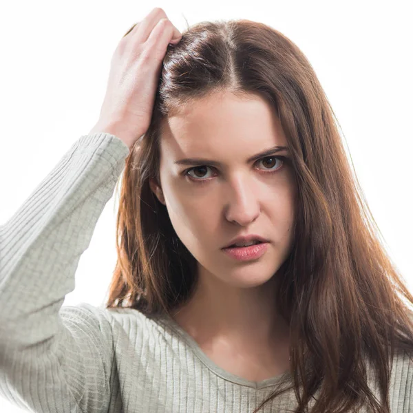 Young Angry Brunet Woman Portrait Isolated White Background — Stock Photo, Image