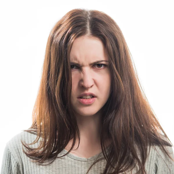 Young Angry Brunet Woman Portrait Isolated White Background — Stockfoto