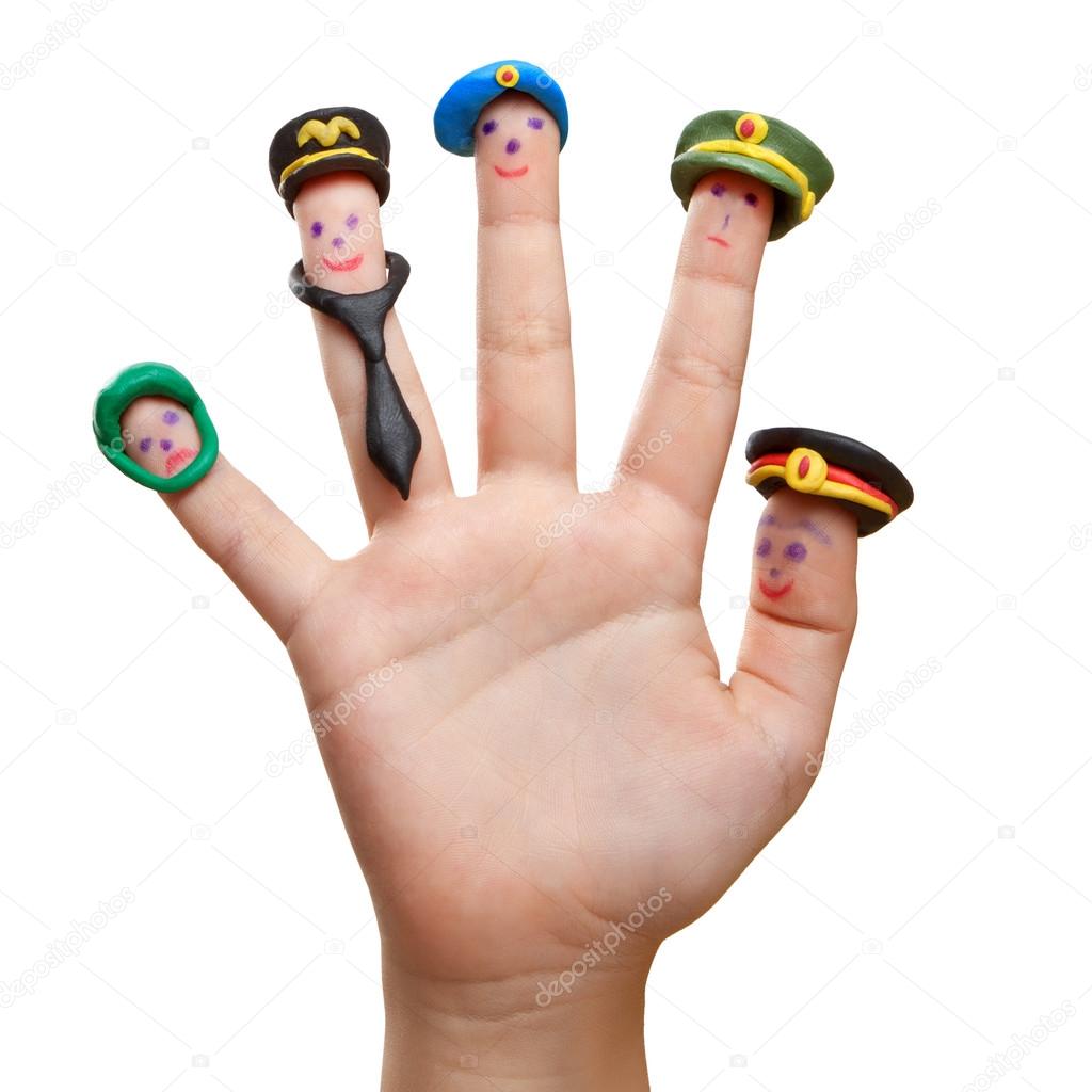 Men drawn on the fingers with clay accessories military occupations of Russia. The choice of future profession.