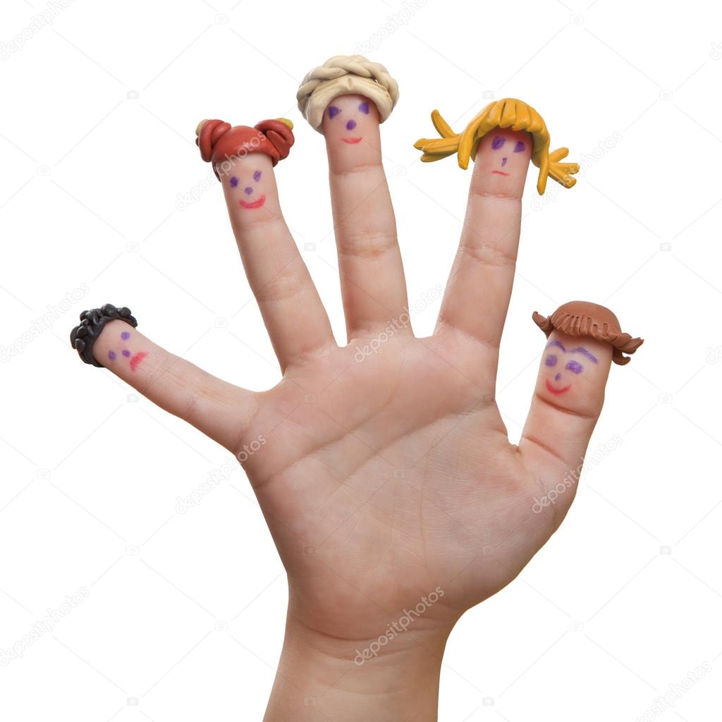 Fun girl looking for a hand with the painted men on the fingers with hair plasticine