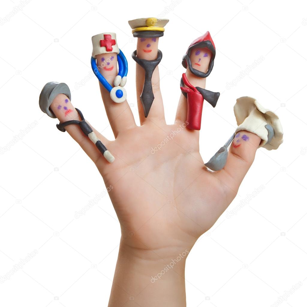 Men drawn on the fingers with clay accessories. The choice of future profession.