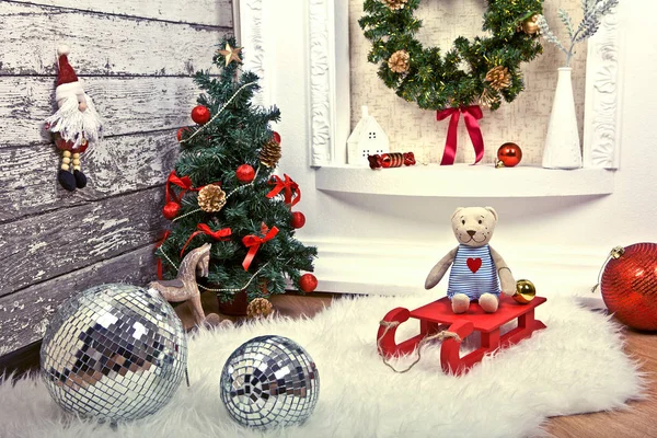 New year decoration with toys in the corner — Stock Photo, Image