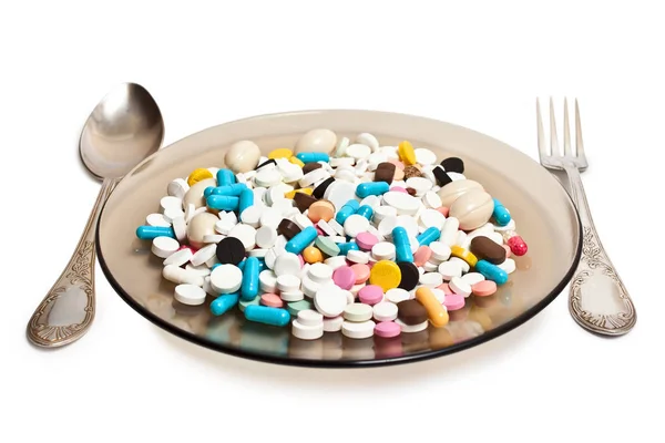 Plate with pills and Cutlery — Stock Photo, Image