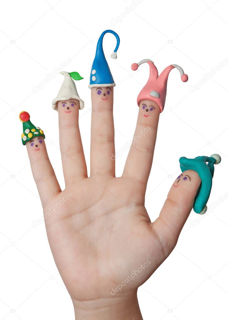 The merry family. Funny men in hats on the fingers.