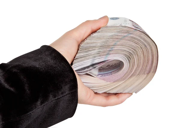 Hand met een grote hoeveelheid Russische geld — Stockfoto