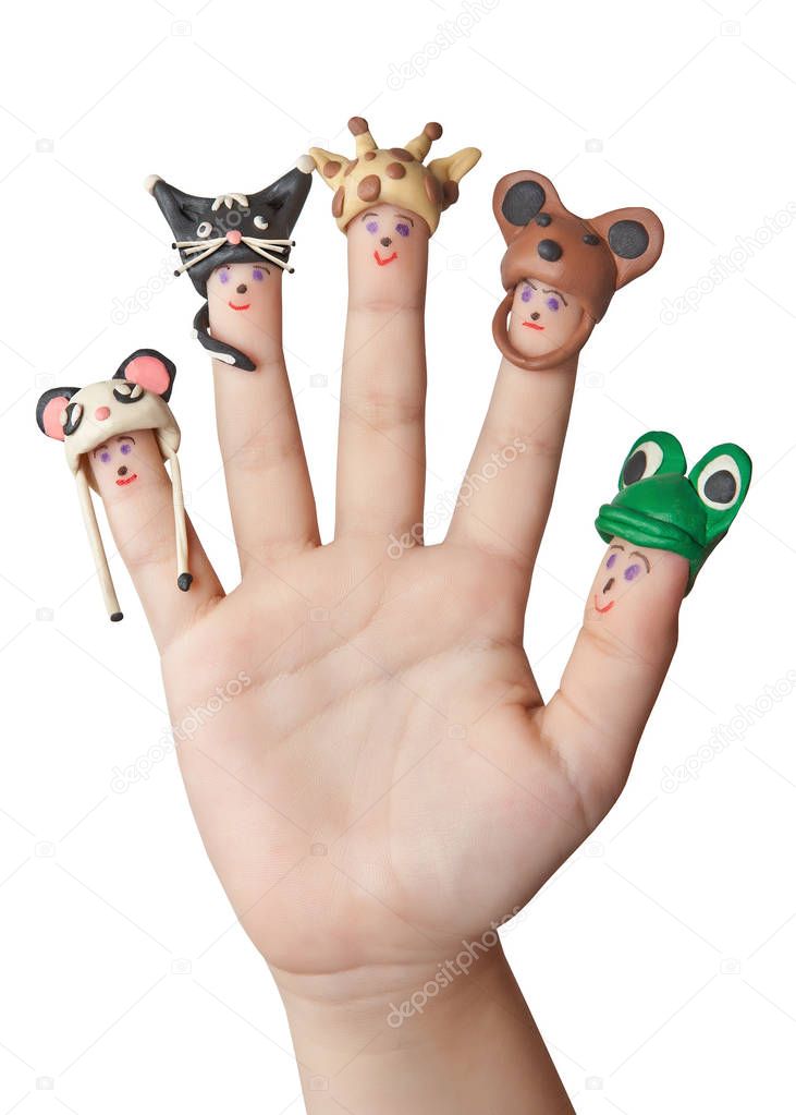 Fingers-men in hats from plasticine animals