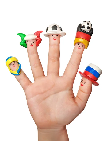 Finger-Männer mit Hüten Sportfans aus verschiedenen Ländern. Tonarbeiten für Kinder. — Stockfoto