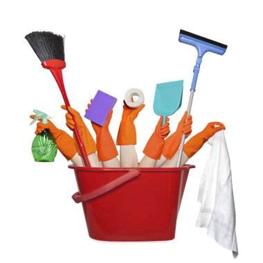 Bir kova dolusu hasat ekipmanı ve lastik eldiven elinde. 