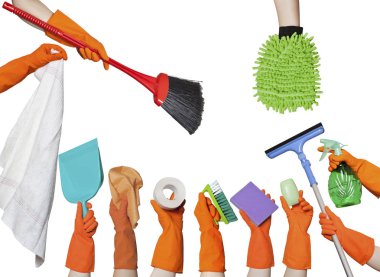 Elinde lastik eldiven Temizleme Ekipmanı. 