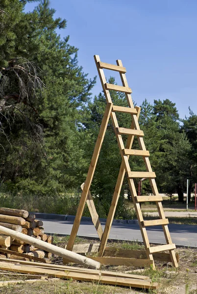 Ağaçlar ve mavi gökyüzü arka plan üzerine bir ahşap merdiven.