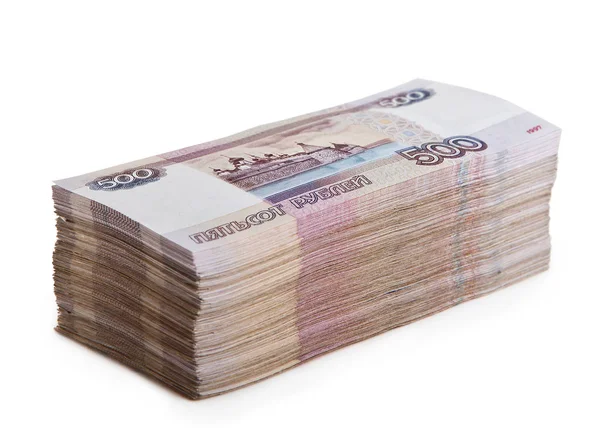 白い背景の上のロシアの紙幣のお金の大きな塊 — ストック写真