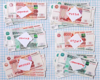 Notlar Rus sağlık, eğitim, pansiyon, tatil, ipotek, sigorta ile Rus kağıt para parçalar. Aile bütçe planlama.