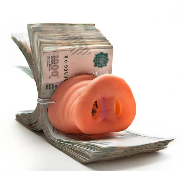 一包俄国的钱绑在一只橡胶小猪小猪身上 — 图库照片