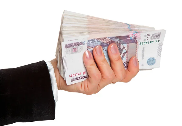 Women Hand Holds Large Pack Paper Russian Money — Stock Photo, Image