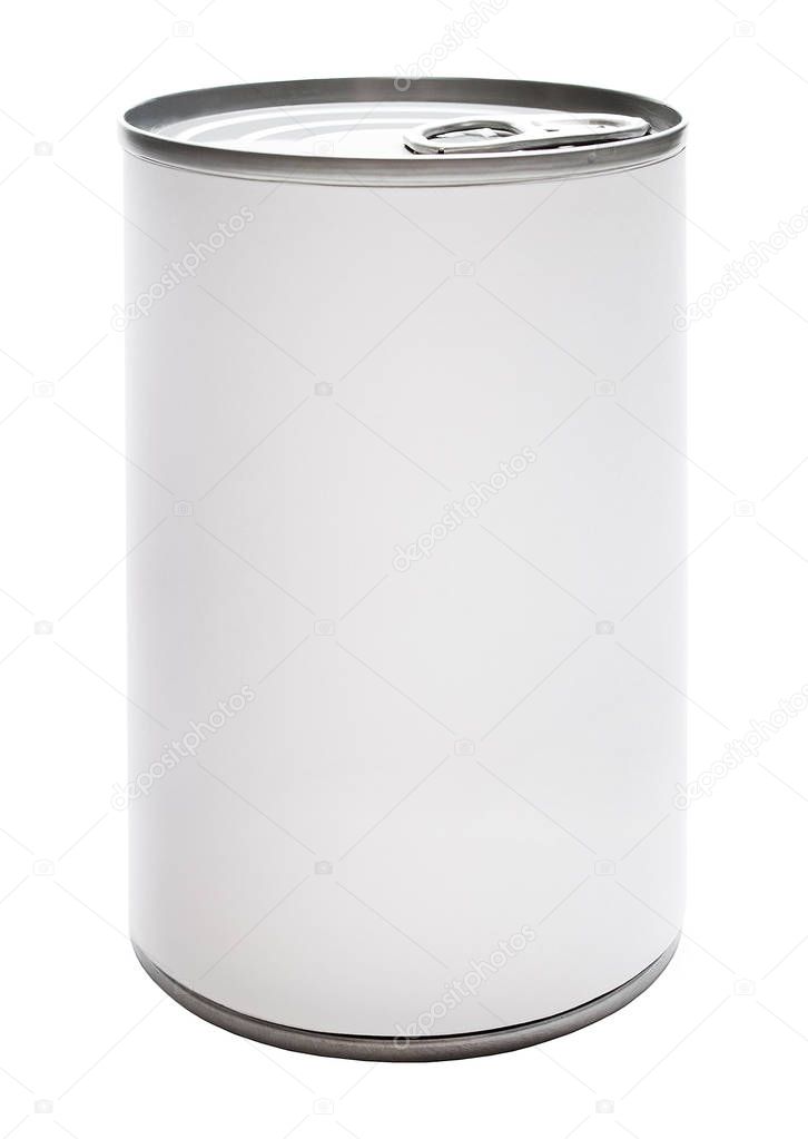 New tin can with white label. Isolated on white background.