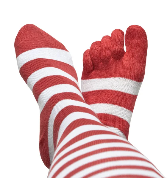 Beine Verschiedenen Gestreiften Socken Isoliert Auf Weißem Hintergrund — Stockfoto