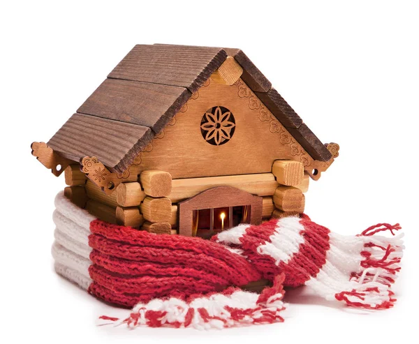 Wooden House Wrapped Warm Knitted Scarf Isolated White Background Stock Picture