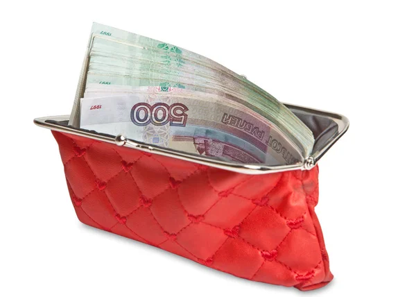 ロシアの紙幣で赤い財布を開きます 白地に隔離された — ストック写真