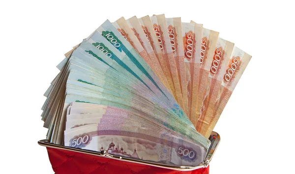 Otwarty Czerwony Portfel Rosyjskimi Papierowymi Banknotami Białym Tle Sukces Zdjęcie Stockowe