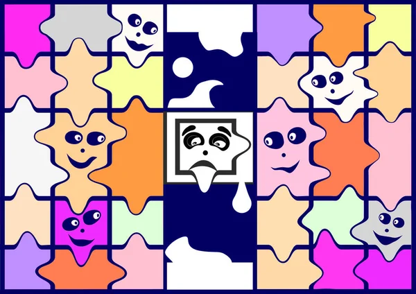 Bright picture-puzzle with funny and sad faces. Illustration.