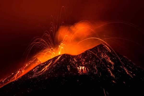 Paysage Éruption Volcan Nuit Mont Etna Sicile — Photo