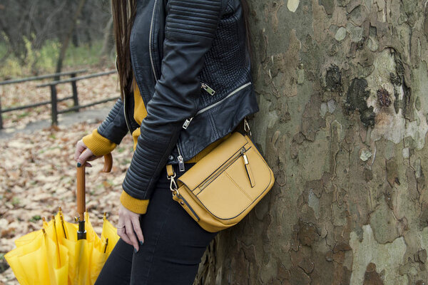 Autumn outfit in autumn forest