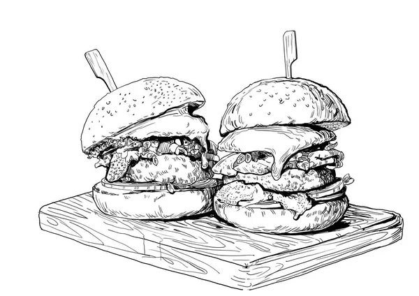 Burger Graficamente Disegnato Una Tavola Legno — Foto Stock