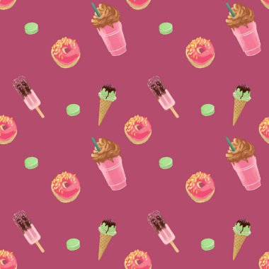 Çörek, dondurma, kurabiye, pembe frappes