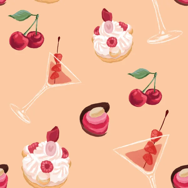 Cosmo, cerezas, bollos de crema, dulces —  Fotos de Stock