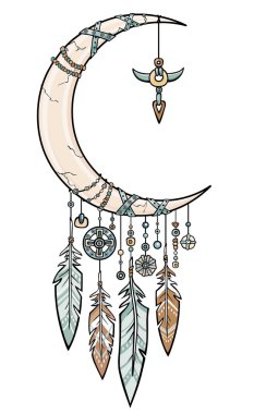 Kızılderili Hint tılsım dreamcatcher tüyleri ile. Sihirli boynuz bir hilal. Etnik tasarım, boho chic, aşiret sembolü. Beyaz bir arka plan üzerinde izole vektör çizim.