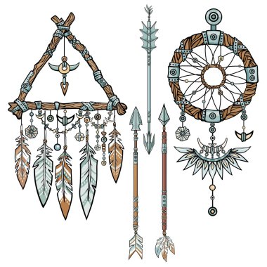 Etnik nesneleri kümesi. Kızılderili Hint tılsım dreamcatcher tüyleri ile. Dekoratif oklar. Etnik tasarım, boho chic, aşiret sembolü. Beyaz bir arka plan üzerinde izole vektör çizim.
