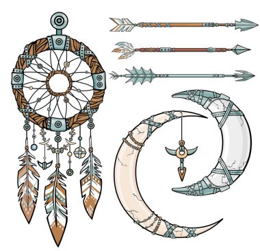Etnik nesneleri kümesi. Kızılderili Hint tılsım dreamcatcher tüyleri ile. Dekoratif oklar. Etnik tasarım, boho chic, aşiret sembolü. Beyaz bir arka plan üzerinde izole vektör çizim.