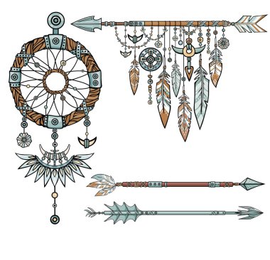 Etnik nesneleri kümesi. Kızılderili Hint tılsım dreamcatcher tüyleri ile. Dekoratif oklar. Etnik tasarım, boho chic, aşiret sembolü. Beyaz bir arka plan üzerinde izole vektör çizim.