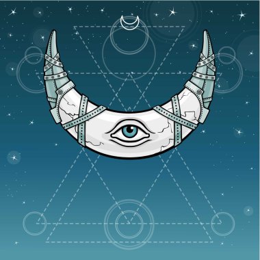 Sihirli bir Hilal boynuz, metal zırh olarak ay. Providence gözü. Kutsal geometri. Hint motifleri, Boho tasarım. Arka plan - gece yıldızlı gökyüzü. Vektör çizim. Baskı, poster, tişört, tekstil.