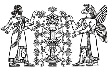 Asur tanrıları silüeti fantastik bir ağaçtan meyve toplar. Sümer mitolojisindeki karakter. Beyaz bir arka plan üzerinde izole doğrusal çizim. İllüstrasyon vektör, boyama kitabı için kullanılması.