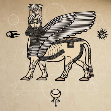 Görüntü Asur efsanevi Tanrı Shedu: kişi başı kanatlı bir boğa. Sümer mitolojisinin karakter. Alanı simgeler. Arka plan - taklit eski kağıt.