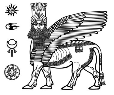 Image of the Assyrian mythical deity Shedu: a winged bull with the head of the person. Character of Sumer mythology. Set of space solar symbols. Black-and-white vector illustration. clipart