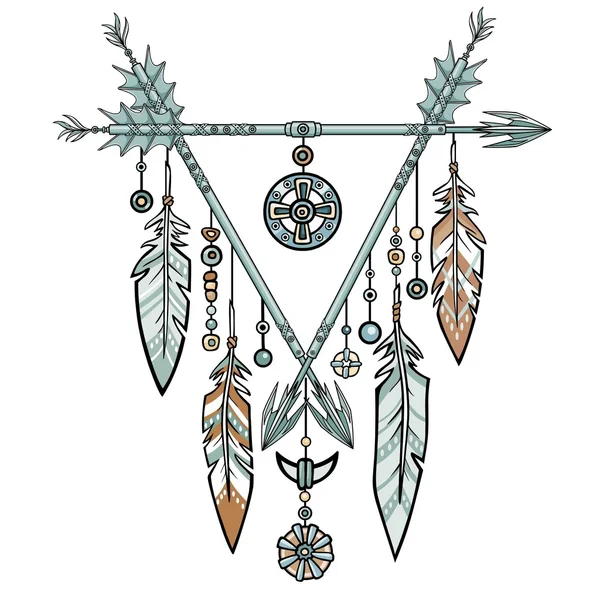 Decorative triangle from arrows. Jewelry feathers and beads, ethnic amulets. American Indians traditional symbol. Boho design. Vector illustration isolated on a white background. — Stock Vector