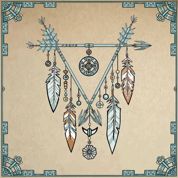 矢印から装飾的な三角形。ジュエリー、羽およびビード、民族の護符。アメリカのインディアンの伝統的なシンボル。自由奔放に生きるデザイン。背景 - 古い紙の模倣。ベクトル図. — ストックベクタ