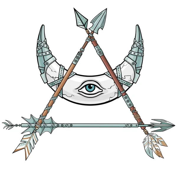 マジックは、三日月をホーン、金属鎧の月します。装飾的な矢印からトライアングル。エスニックなデザイン、自由奔放に生きるシックな部族のシンボル。白い背景で隔離のベクトル図. — ストックベクタ