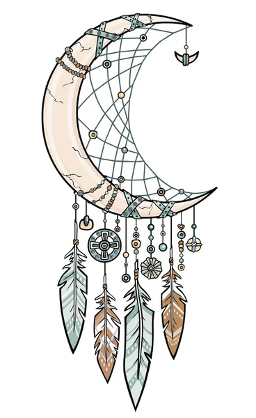 Native American Indian talizman dreamcatcher z piór. Magiczny róg w crescent. Etnicznym stylu boho chic, plemienny symbol. Wektor ilustracja na białym tle. — Wektor stockowy