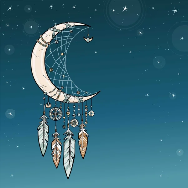 Penangkap mimpi jimat Indian asli Amerika dengan bulu. Terompet sihir bulan sabit. Desain etnis, boho chic, simbol kesukuan. Latar Belakang langit malam. Ilustrasi vektor . - Stok Vektor