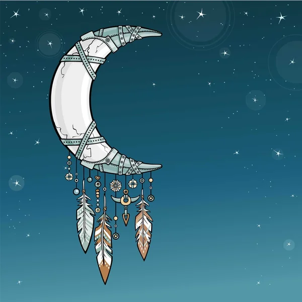 Native American Indian talisman dreamcatcher with feathers. Magic horn a crescent. Ethnic design, boho chic, tribal symbol. Background - the night sky. Vector illustration. — Stock Vector