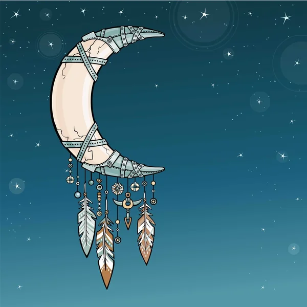 Rodilý Američan indické talisman dreamcatcher s peřím. Kouzelný roh a půlměsíce. Etnický design, boho chic, tribal symbolů. Pozadí - noční oblohy. Vektorové ilustrace. — Stockový vektor