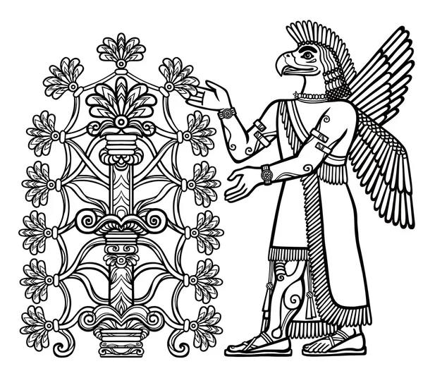 A sziluettje az asszír istenség gyűjt gyümölcsöt egy fantasztikus fa. Sumer mitológia jellege. Lineáris rajz elszigetelt fehér background. Vektoros illusztráció, használható kifestőkönyv. — Stock Vector