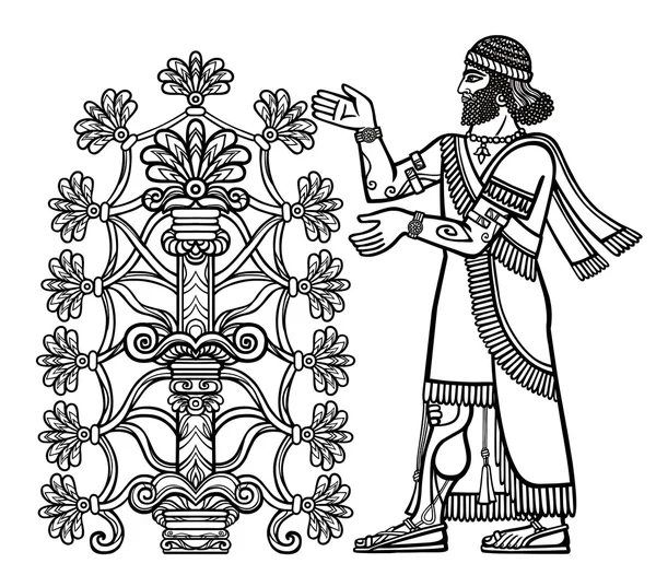 A silhueta da divindade assíria recolhe frutos de uma árvore fantástica. Caráter da mitologia suméria.Desenho linear isolado sobre um fundo branco. Ilustração vetorial, ser usado para colorir livro . — Vetor de Stock