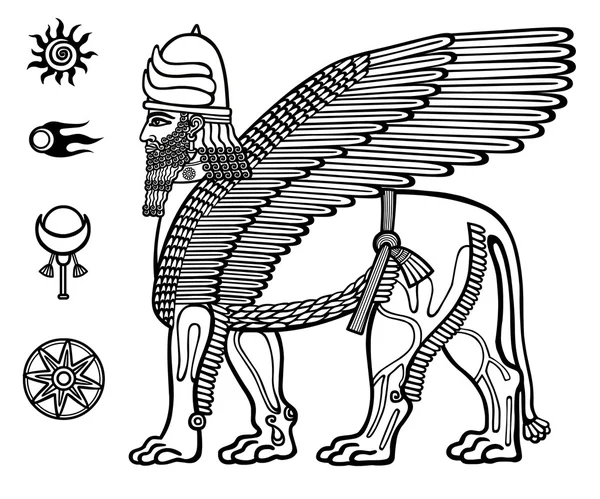 Imagen de la deidad mítica asiria de Shedu: un león alado con la cabeza de la persona. Carácter de la mitología Sumer. Conjunto de símbolos solares espaciales. Ilustración vectorial en blanco y negro . — Vector de stock