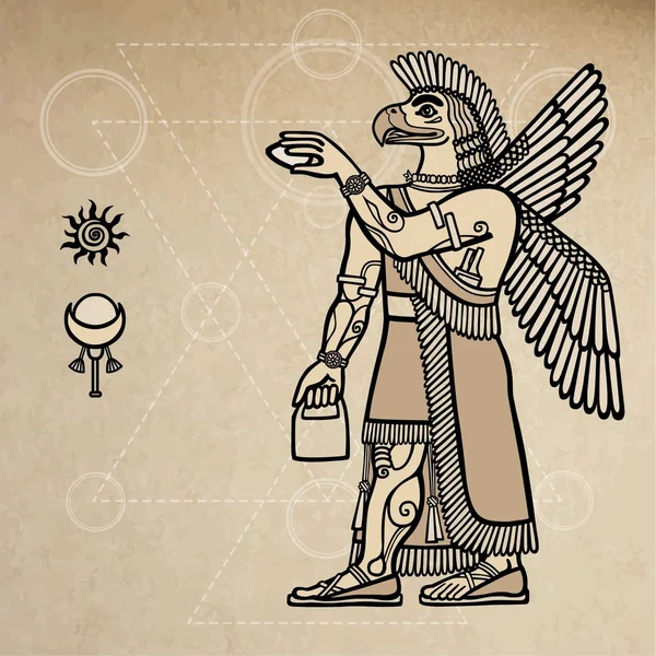 Fantástico grifo asirio: la persona - el pájaro. Antecedentes - imitación del papel viejo . — Vector de stock